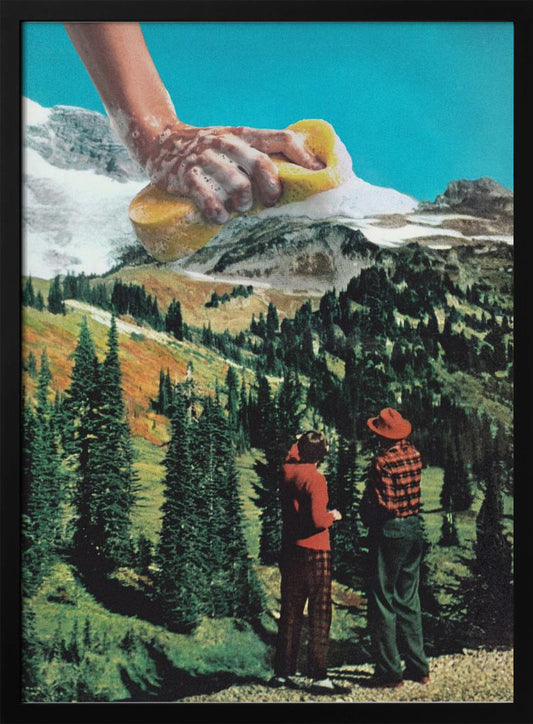 A surrealist collage featuring two people in vintage attire standing in a lush, green mountain landscape. Above them, a giant, soapy hand emerges from the top of the frame, washing the snow-capped mountain peaks with a yellow sponge against a bright blue sky. Print