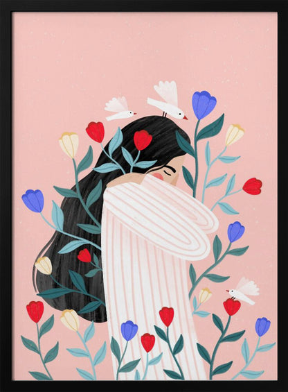 An illustration of a woman with long black hair hugging herself with closed eyes, surrounded by red, blue, and yellow flowers and small white birds against a soft pink background. Poster
