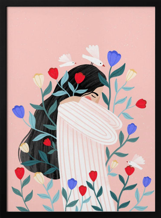 An illustration of a woman with long black hair hugging herself with closed eyes, surrounded by red, blue, and yellow flowers and small white birds against a soft pink background. Poster