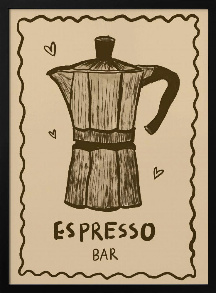 A vintage-style art print featuring a hand-drawn illustration of a moka pot in brown on a beige background. The poster has a decorative wavy border, small hearts around the coffee pot, and text below that reads 'ESPRESSO BAR'. The entire piece is enclosed in a simple black frame. Wall Art