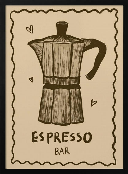A vintage-style art print featuring a hand-drawn illustration of a moka pot in brown on a beige background. The poster has a decorative wavy border, small hearts around the coffee pot, and text below that reads 'ESPRESSO BAR'. The entire piece is enclosed in a simple black frame. Wall Art