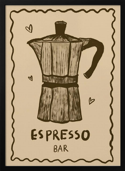 A vintage-style art print featuring a hand-drawn illustration of a moka pot in brown on a beige background. The poster has a decorative wavy border, small hearts around the coffee pot, and text below that reads 'ESPRESSO BAR'. The entire piece is enclosed in a simple black frame. Wall Art