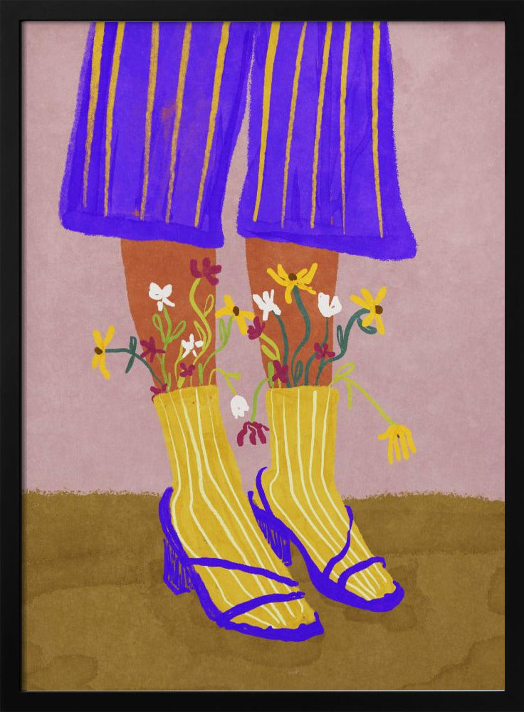 A stylized, colorful illustration focusing on the lower legs and feet of a person wearing vibrant clothing. They have on wide-legged, royal blue trousers with vertical yellow stripes, and yellow socks with white stripes. Small, colorful wildflowers sprout from the tops of their socks. They are wearing bright blue strappy heeled sandals. The background is a soft pink color with a brown floor. Wall Art