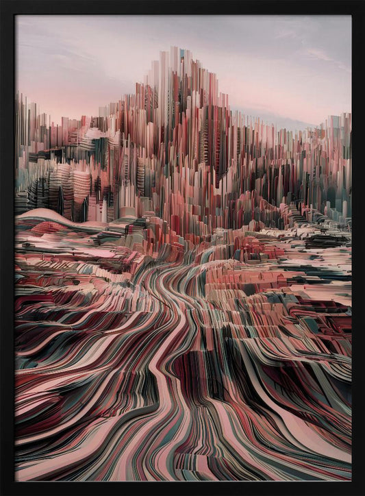 An abstract art print depicting a city skyline with geometric shapes and a modern color palette. Poster
