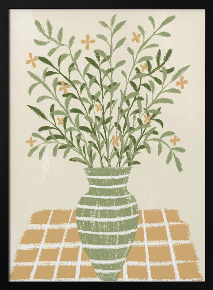 A stylized painting of a green vase with white horizontal stripes, filled with a large bouquet of leafy green stems and small orange flowers. The vase sits on a gold and white checkered tablecloth against a solid beige background. Poster
