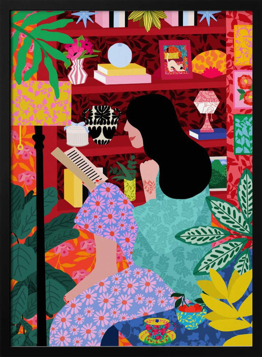A colorful, maximalist illustration of a woman with long black hair sitting comfortably while reading a book. She is surrounded by lush green plants and a vibrant red bookshelf filled with decorative items, creating a cozy and eclectic atmosphere. Print