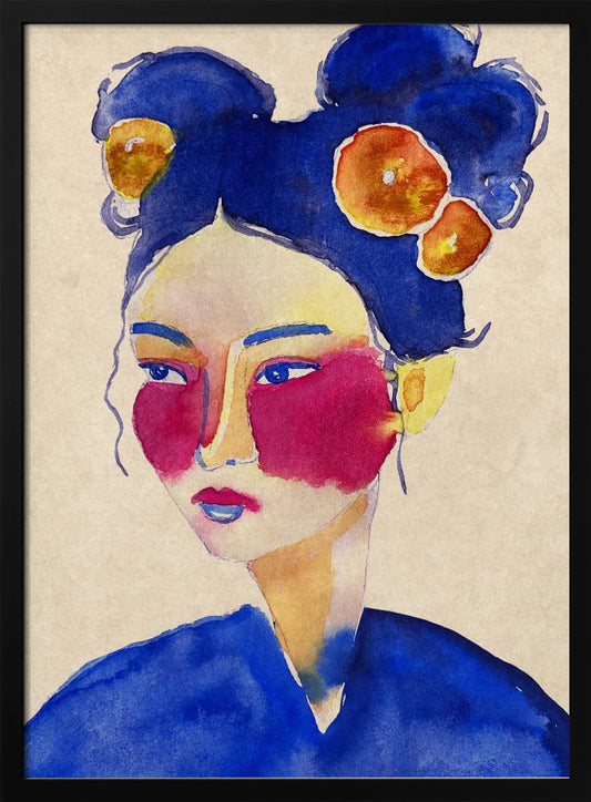 A stylized watercolor portrait of a woman with vibrant blue hair in double buns adorned with orange flowers, bold magenta blush, and a contemplative expression against a neutral beige background. Wall Art