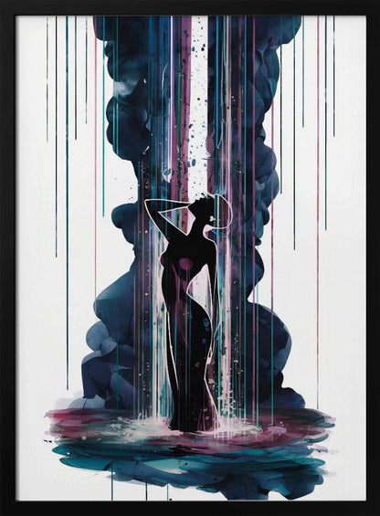 An abstract art piece featuring the black silhouette of an elegant woman standing in a pool of colorful watercolor. A large plume of dark blue smoke rises behind her, intersected by a bright white column of light and vibrant streaks of magenta and teal rain. Artwork