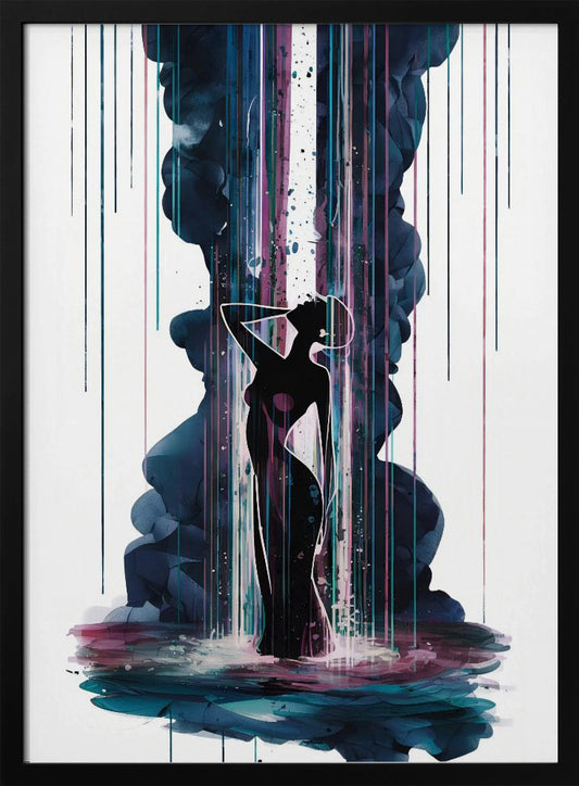 An abstract art piece featuring the black silhouette of an elegant woman standing in a pool of colorful watercolor. A large plume of dark blue smoke rises behind her, intersected by a bright white column of light and vibrant streaks of magenta and teal rain. Artwork