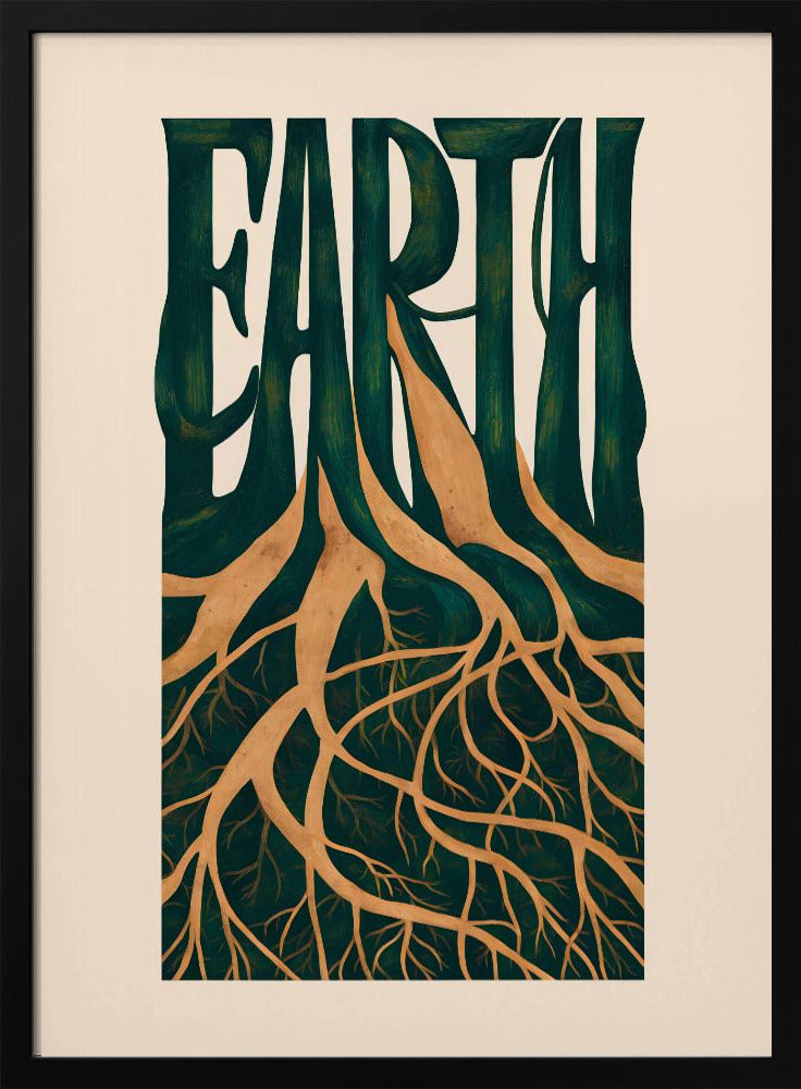 An illustrative art print featuring the word 'EARTH' in large, dark green, stylized letters. The letters seamlessly transform into tree trunks, with an intricate network of golden-brown roots extending downwards, all set against a cream-colored background and framed in black. Artwork