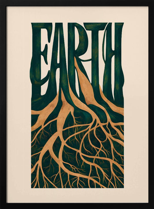 An illustrative art print featuring the word 'EARTH' in large, dark green, stylized letters. The letters seamlessly transform into tree trunks, with an intricate network of golden-brown roots extending downwards, all set against a cream-colored background and framed in black. Artwork