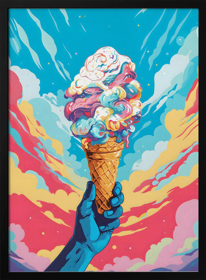A vibrant, pop-art style illustration of a blue-skinned hand holding up a waffle cone piled high with swirling, multi-colored ice cream against a dynamic sky of colorful clouds in shades of blue, pink, and yellow. Decor