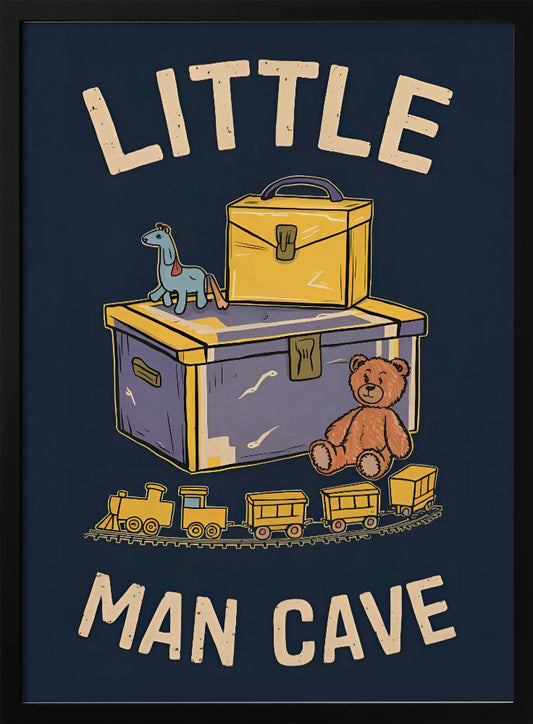 A framed vintage-style illustration with the text 'LITTLE MAN CAVE' on a dark blue background. The artwork features classic toys, including a toy chest, a teddy bear, a toy train on tracks, and a small horse on wheels. Decor