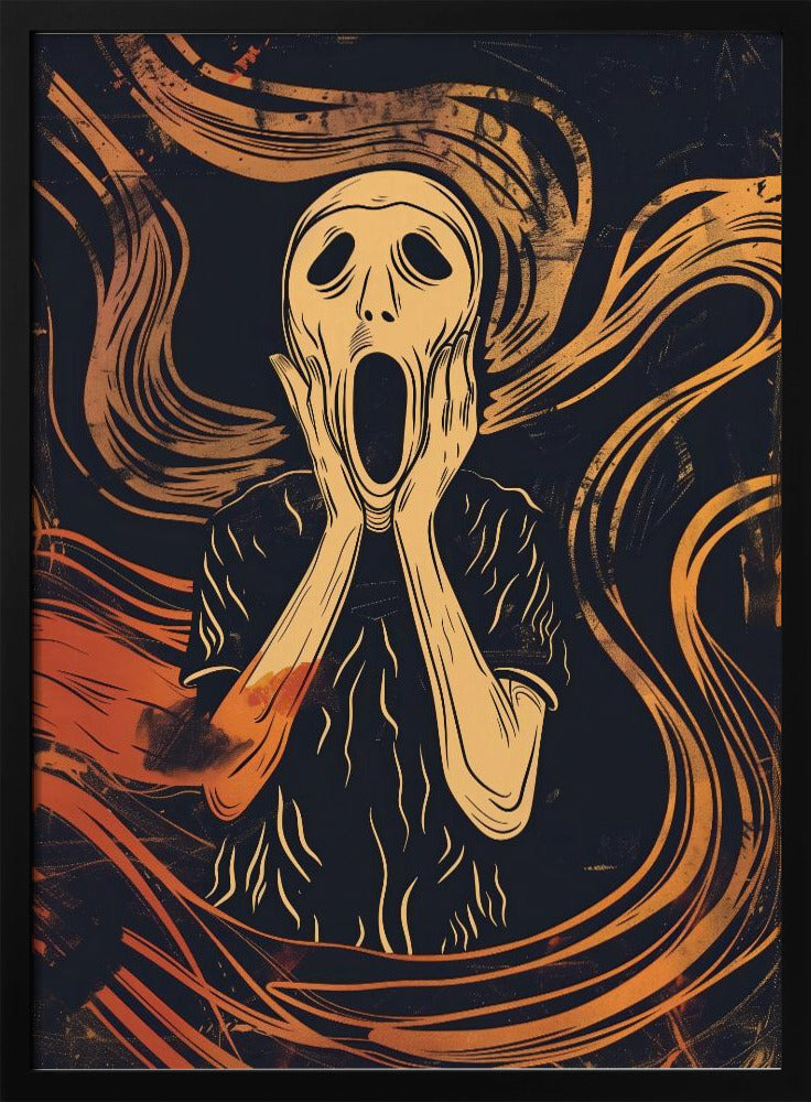 A graphic art interpretation of Edvard Munch's 'The Scream', featuring a stylized, pale figure with its hands on its cheeks and mouth agape. The background is dark navy blue with dynamic, swirling orange and yellow lines that convey a sense of turmoil and anxiety. Poster