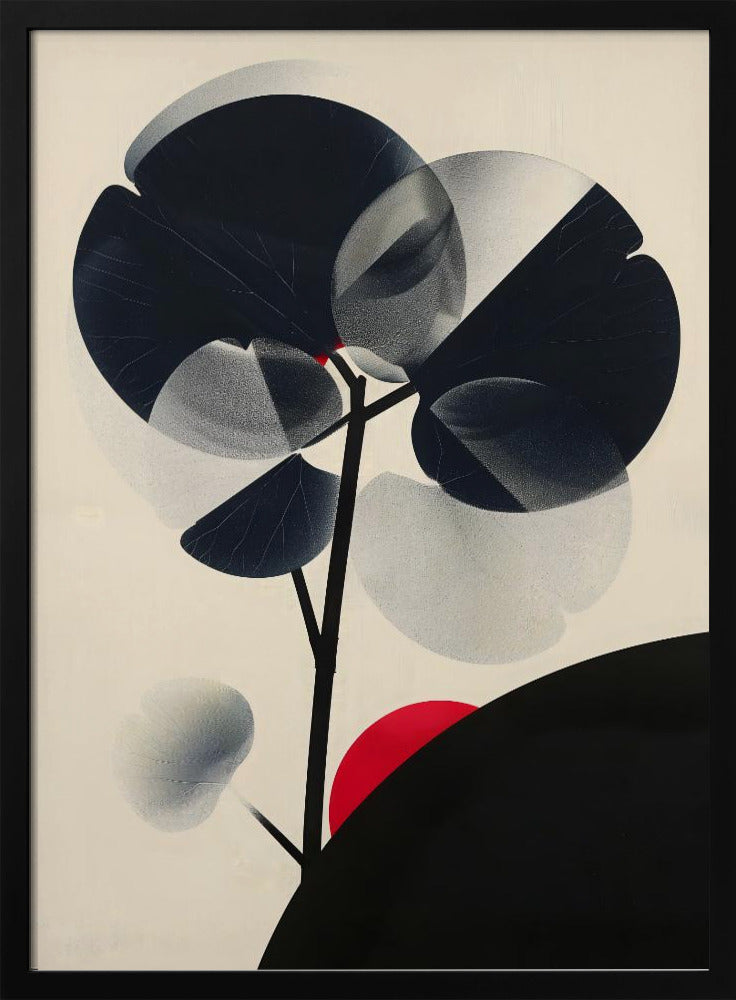 A modern abstract artwork in a black frame featuring a stylized black tree against a cream background. The tree has large, overlapping leaves in solid black and stippled gray, creating a sense of transparency. A bold red circle, like a sun, rises behind a black silhouetted hill in the bottom right corner. Wall Art