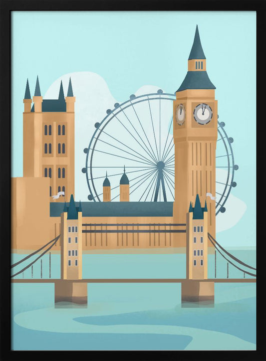 A stylized graphic illustration of the London cityscape, featuring famous landmarks like Tower Bridge, Big Ben, and the London Eye against a pale blue sky, rendered in a modern, flat style. Wall Art