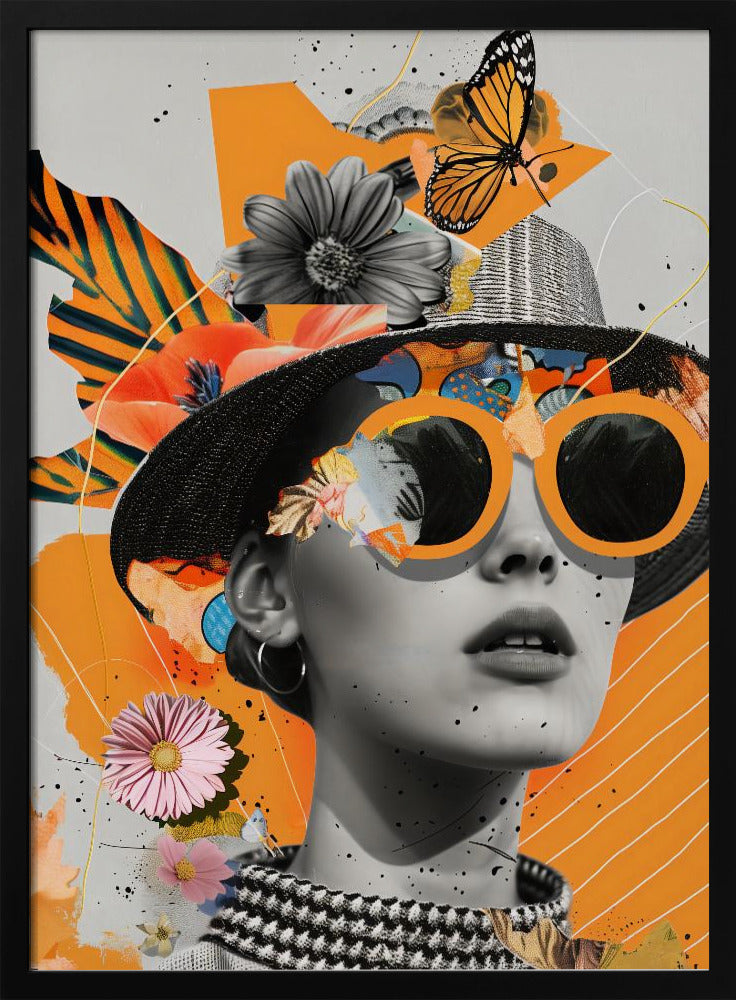 A modern collage featuring a black and white portrait of a woman wearing a black hat and oversized orange sunglasses. The image is layered with cutouts of flowers, a monarch butterfly, and abstract orange shapes against a light gray background with black paint splatters. Decor