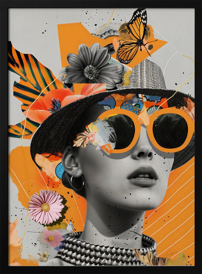 A modern collage featuring a black and white portrait of a woman wearing a black hat and oversized orange sunglasses. The image is layered with cutouts of flowers, a monarch butterfly, and abstract orange shapes against a light gray background with black paint splatters. Decor