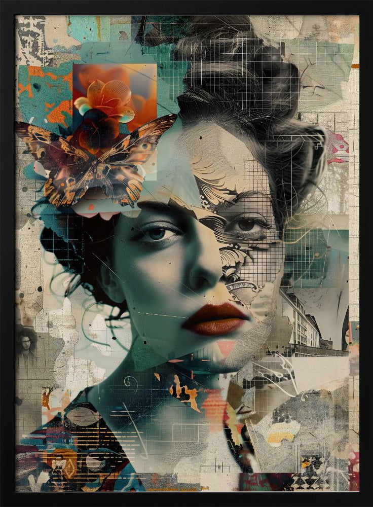 A framed abstract collage featuring the fragmented portrait of a woman. Her face is overlaid with grid patterns, torn paper textures, and illustrations. A large, detailed butterfly and a vibrant orange flower are placed near her left temple. The overall composition is a complex layering of architectural sketches, abstract shapes, and muted tones of teal, beige, and black, with a pop of red on the woman's lips. Artwork
