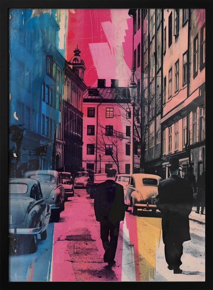 A pop art style image of a vintage city street, featuring two men in dark suits walking away from the camera. The scene is overlaid with bold vertical stripes of vibrant pink and blue, contrasting with the retro cars and architecture. Decor