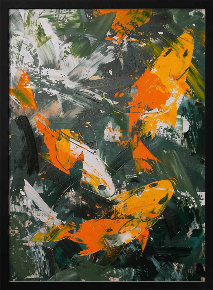 An abstract, vertical painting depicting several koi fish swimming amongst each other. The fish are rendered in bold strokes of orange, yellow, and white, set against a dark, expressive background of green and black brushstrokes. The painting has a textured, impasto style and is presented in a simple black frame. Decor