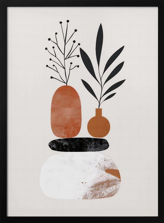 A minimalist abstract illustration featuring a balanced stack of organic shapes. At the bottom is a large white textured stone, followed by a flat black stone, and topped with two terracotta-colored vases. Stylized black plants with leaves and berries sprout from the vases against a light cream background. Wall Art