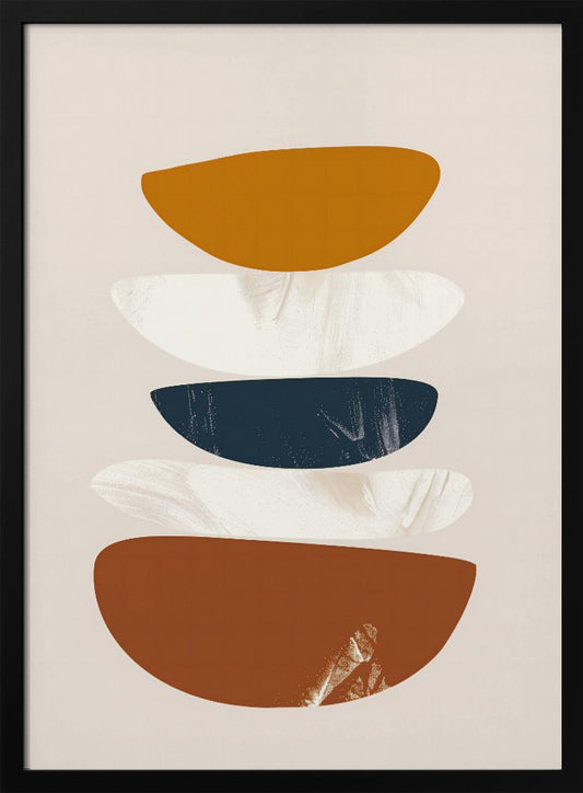 A framed abstract painting with a stack of five flattened, semi-circular shapes against a light beige background. From top to bottom, the shapes are colored mustard yellow, textured white, dark navy blue, textured white, and a larger rust brown. Wall Art