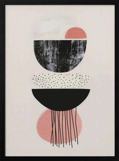 A framed modern abstract art piece with a vertical composition of stacked geometric shapes on a light cream background. The shapes include black and pink semi-circles, some with distressed or polka-dotted textures, and thin black lines dripping downwards from the bottom. Poster