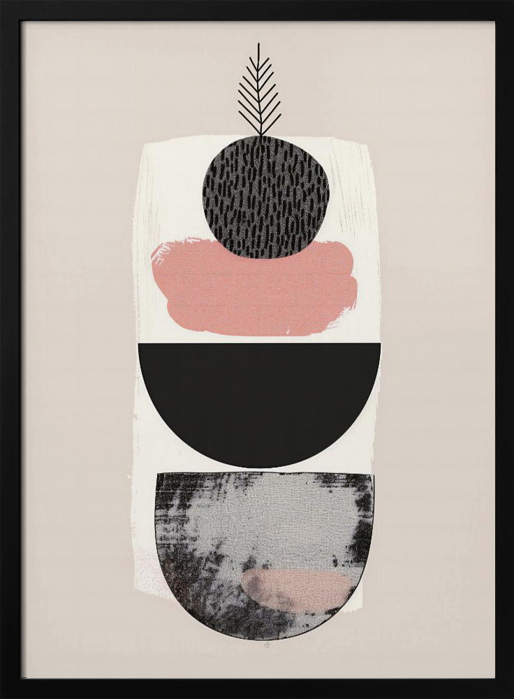 A modern abstract art piece with a vertical composition against a beige background. It features a stack of shapes: a textured black and grey semi-circle at the bottom, a solid black semi-circle, a splotch of muted pink paint, and a textured black circle at the top from which a simple black line drawing of a leaf emerges. The entire piece is in a black frame. Decor