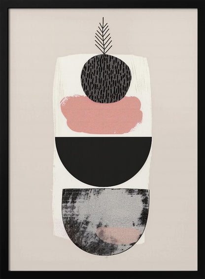A modern abstract art piece with a vertical composition against a beige background. It features a stack of shapes: a textured black and grey semi-circle at the bottom, a solid black semi-circle, a splotch of muted pink paint, and a textured black circle at the top from which a simple black line drawing of a leaf emerges. The entire piece is in a black frame. Decor