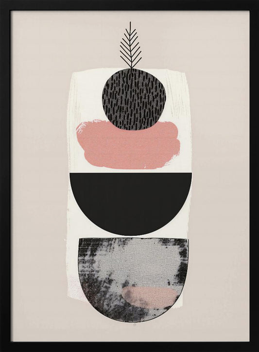 A modern abstract art piece with a vertical composition against a beige background. It features a stack of shapes: a textured black and grey semi-circle at the bottom, a solid black semi-circle, a splotch of muted pink paint, and a textured black circle at the top from which a simple black line drawing of a leaf emerges. The entire piece is in a black frame. Decor