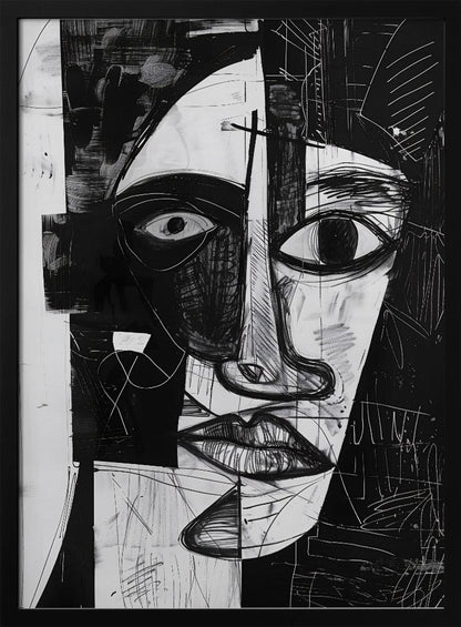 A striking black and white abstract portrait of a face, rendered in a cubist-inspired style. The features are fragmented and asymmetrical, with bold black shapes contrasting against white areas filled with expressive, sketchy linework, creating a powerful and dramatic composition. Poster