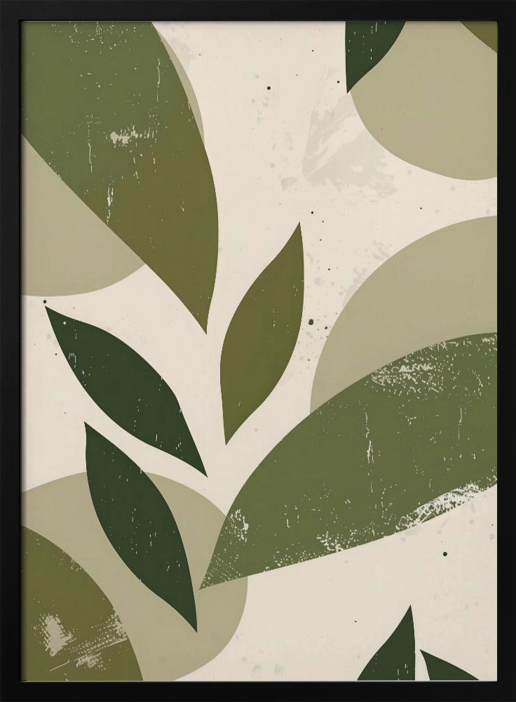 A framed abstract artwork featuring a collage of stylized leaf shapes in various shades of green, including olive and sage. The shapes overlap against a light beige background, and the entire piece has a distressed, textured finish with small black speckles. The composition is modern and botanical. Decor