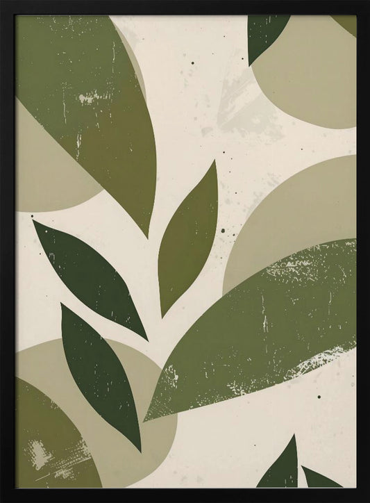 A framed abstract artwork featuring a collage of stylized leaf shapes in various shades of green, including olive and sage. The shapes overlap against a light beige background, and the entire piece has a distressed, textured finish with small black speckles. The composition is modern and botanical. Decor