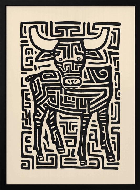 A stylized black and cream artwork of a bull, where the animal and its background are formed by a single, continuous maze-like or labyrinthine pattern of thick black lines on a cream-colored paper, enclosed in a thin black frame. Print