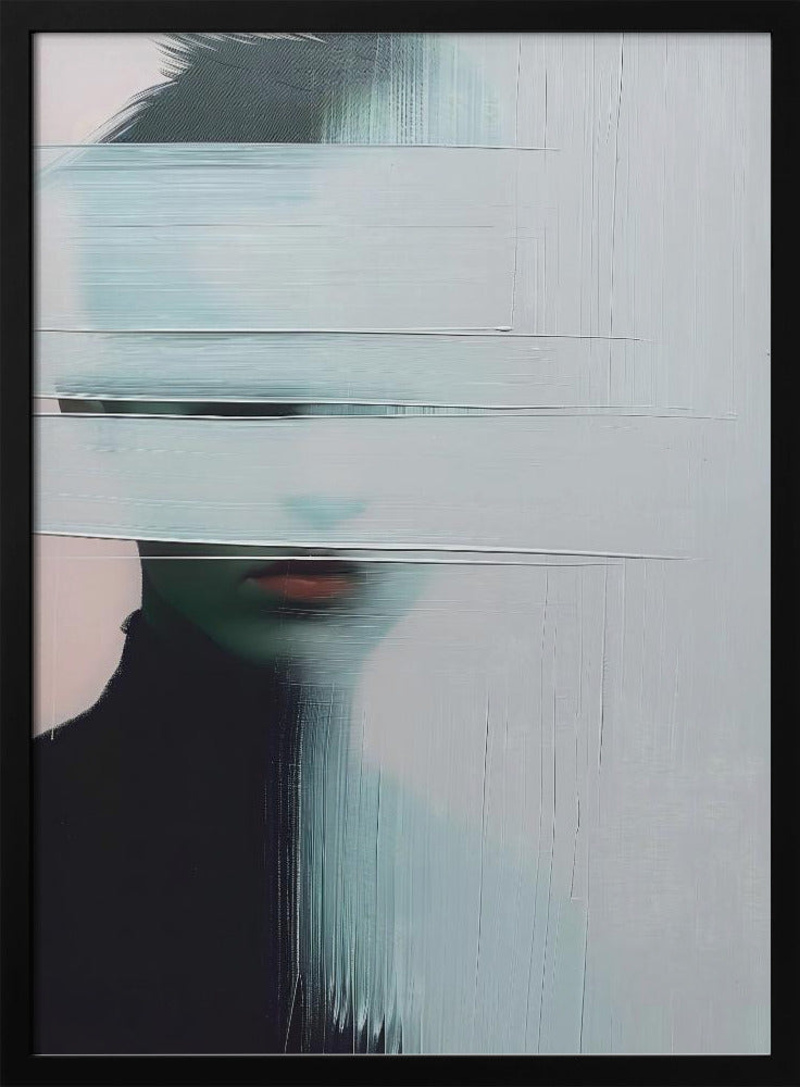 An abstract portrait of a person in a black turtleneck, their face is obscured by thick, horizontal and vertical strokes of pale blue-gray paint, leaving only their mouth visible. The artwork is presented in a simple black frame. Poster