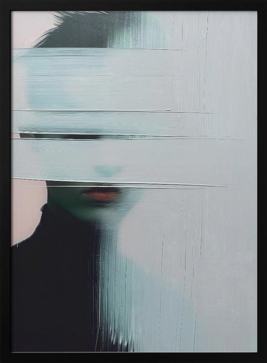 An abstract portrait of a person in a black turtleneck, their face is obscured by thick, horizontal and vertical strokes of pale blue-gray paint, leaving only their mouth visible. The artwork is presented in a simple black frame. Poster