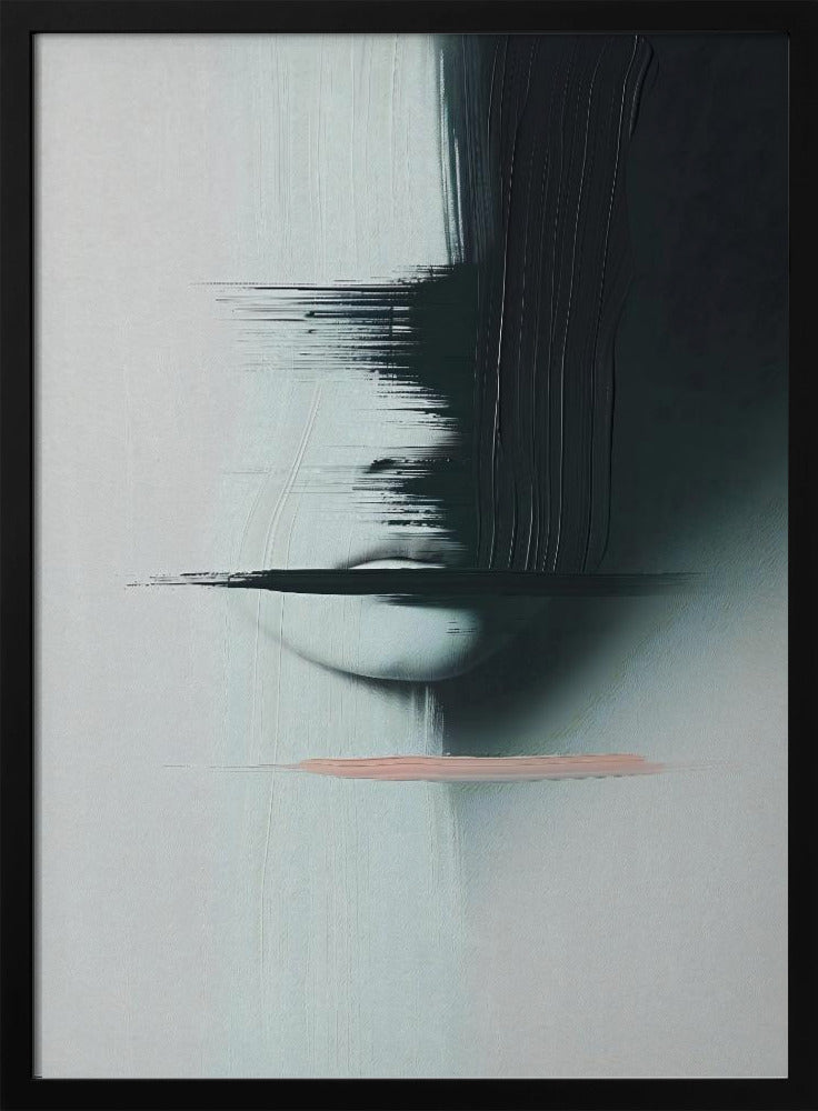 An abstract, modern painting in a black frame featuring a woman's face partially obscured by heavy, black brushstrokes. The background is a textured light grey. The woman's pale lips are visible, crossed by a horizontal smear of black paint. Below the face, a single, contrasting stroke of soft pink adds a touch of color. Print