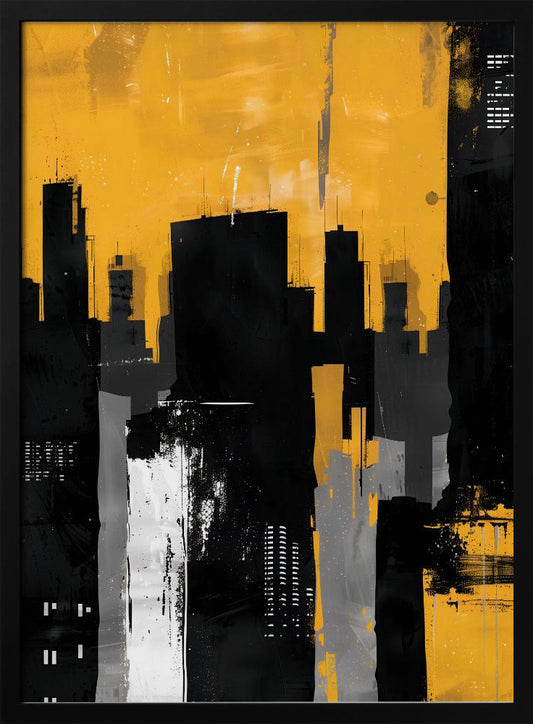 An abstract painting of a city skyline with stark black, grey, and white building silhouettes set against a vibrant, textured mustard yellow sky, framed in black. Artwork