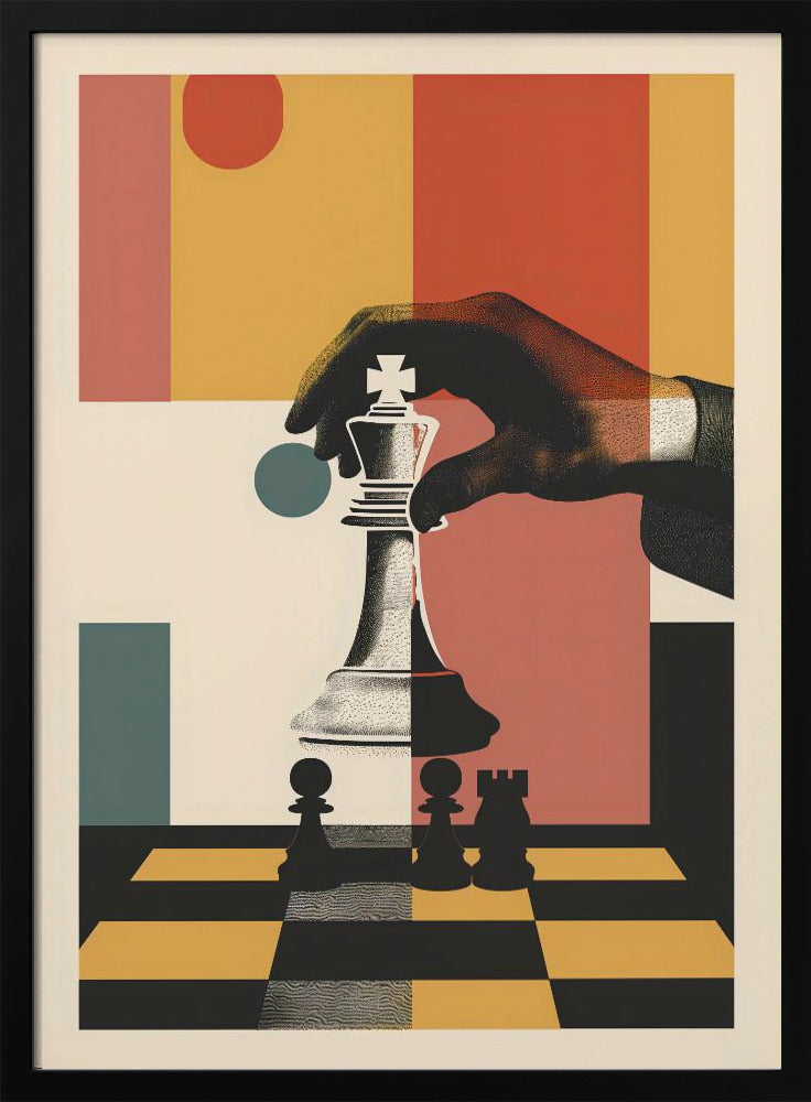 A modern graphic art poster of a hand moving a white king chess piece on a black and yellow chessboard. The background is a collage of abstract geometric shapes in red, orange, yellow, and teal. Decor
