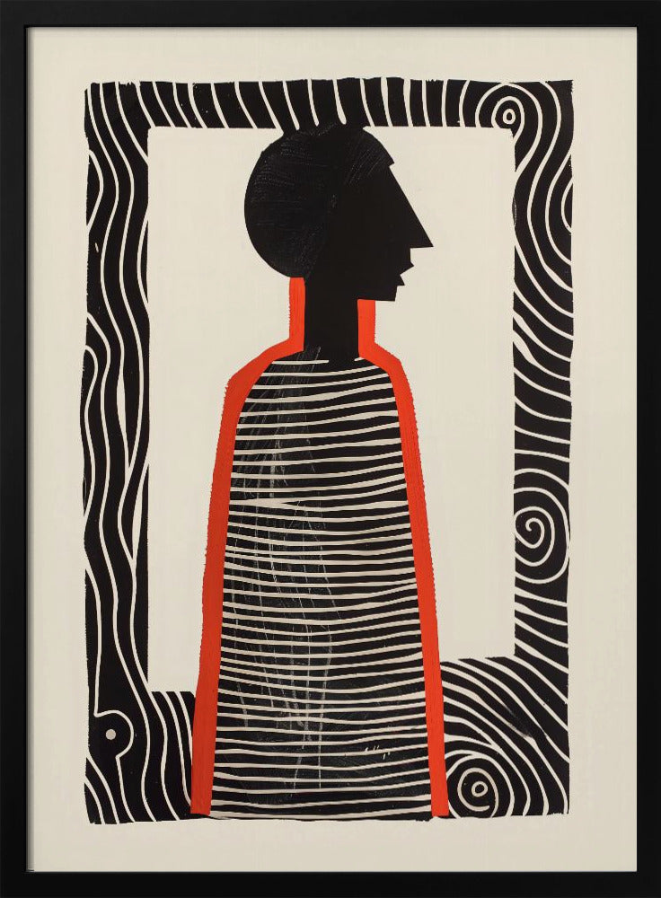 A modern graphic art print in a black frame, featuring a stylized silhouette of a person in profile. The figure has a black head and a striped black-and-white body, outlined in bold red. The background is off-white, and the central image is surrounded by a thick, patterned black-and-white border. Artwork