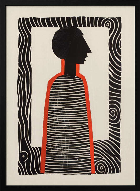 A modern graphic art print in a black frame, featuring a stylized silhouette of a person in profile. The figure has a black head and a striped black-and-white body, outlined in bold red. The background is off-white, and the central image is surrounded by a thick, patterned black-and-white border. Artwork
