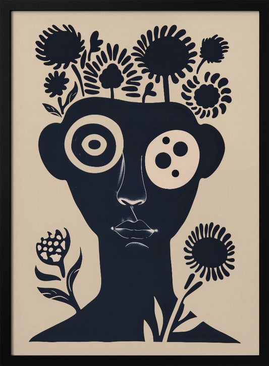 A two-tone abstract portrait of a person's head and shoulders in dark navy blue against a cream background. Stylized flowers and trees grow from the top of the head like hair. The eyes are large and graphic, one a target-like pattern and the other with multiple dots. The piece has a modern, minimalist, and surreal feel. Poster