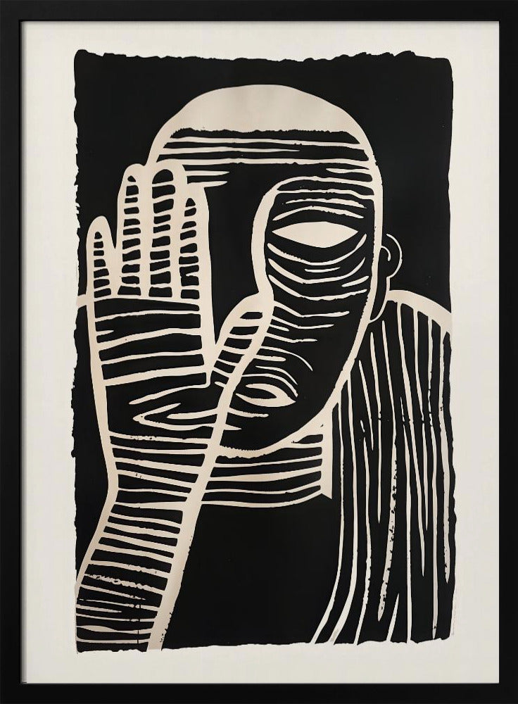 A high-contrast black and white linocut or woodcut print depicting a person from the chest up. The figure holds a hand up to their face, partially obscuring it, with one eye visible. The artwork is characterized by bold, white horizontal and vertical lines carved out of a solid black background. Print
