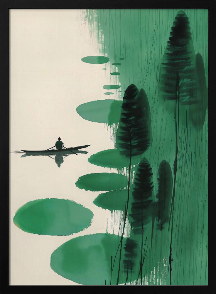 A minimalist, Asian-inspired ink painting depicting a lone figure in a small black boat on a calm, off-white body of water. The right side of the artwork features abstract green shapes, including large lily pad-like forms and tall, dark stylized trees or reeds against a background of vertical green brushstrokes. The scene evokes a sense of tranquility and solitude. Print
