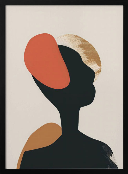 An abstract art print in a black frame featuring the silhouette of a person's head and shoulders against a light beige background. The black silhouette is overlaid with large, organic shapes in burnt orange, ochre, and a textured gold. Decor