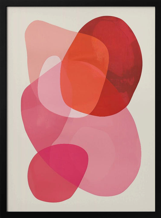 An abstract art print in a black frame, featuring a composition of overlapping, translucent, organic shapes in shades of red, orange, and pink on an off-white background. Print