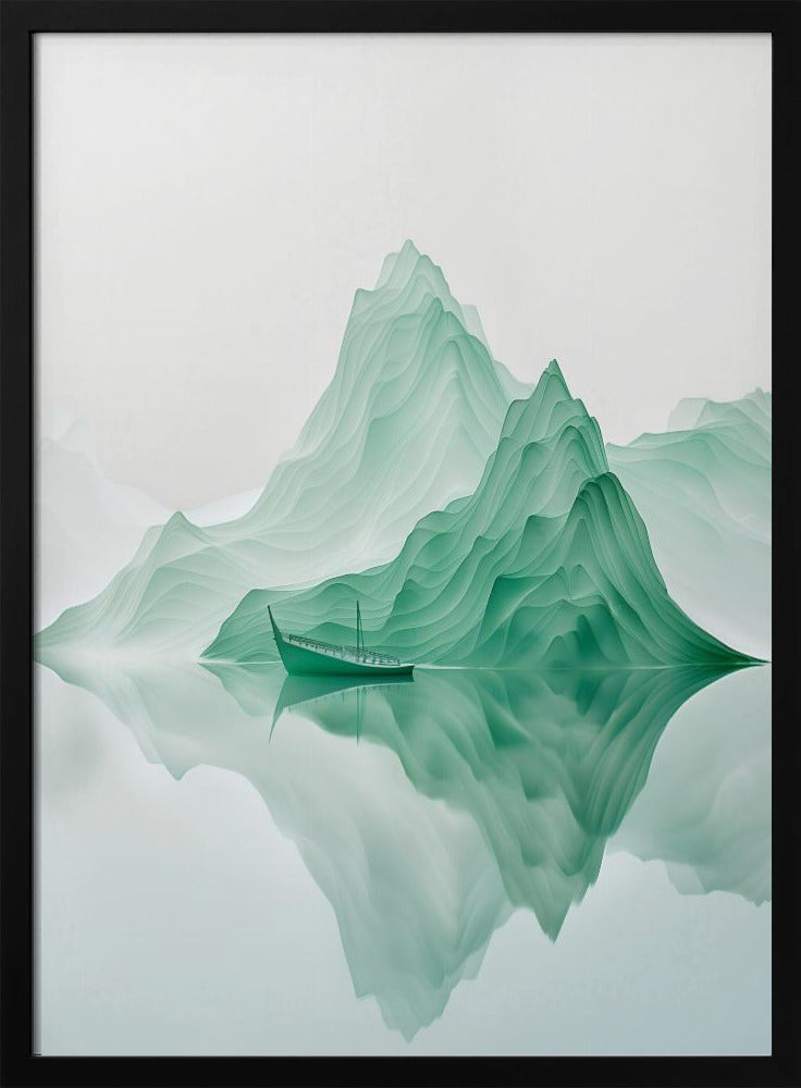 A minimalist digital artwork of a tranquil landscape featuring layered, jade-green mountains reflected in still, glassy water. A small, traditional green boat floats peacefully on the surface, adding to the serene and ethereal atmosphere. Poster