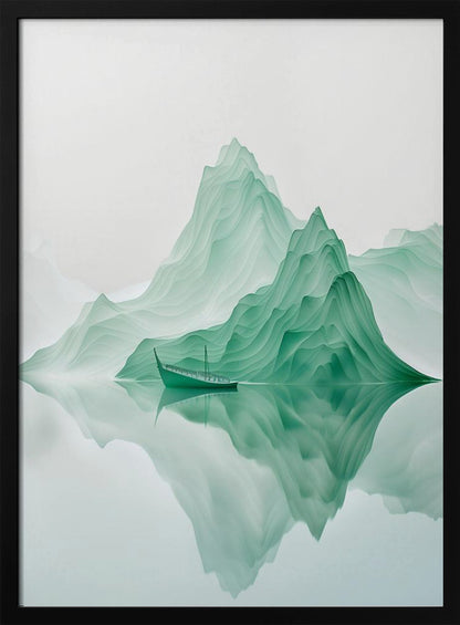A minimalist digital artwork of a tranquil landscape featuring layered, jade-green mountains reflected in still, glassy water. A small, traditional green boat floats peacefully on the surface, adding to the serene and ethereal atmosphere. Poster