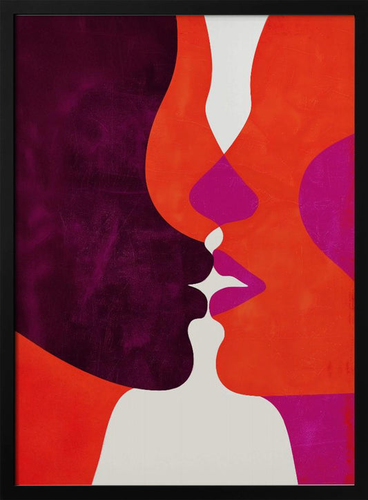 An abstract modern art piece depicting a close-up of two profiles about to kiss. The figures are composed of bold, interlocking shapes in deep purple, vibrant orange, and magenta, with white creating negative space between their lips and bodies. The artwork has a textured finish and is enclosed in a simple black frame. Wall Art